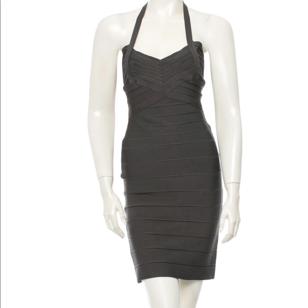 Herve Leger Dress, Gray, Rib Knit Halter Bodycon